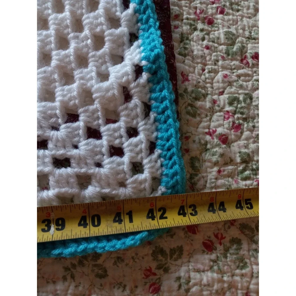 Handmade‎ Crochet Baby Blanket Penguin Bunny Reversible White Teal Granny Square